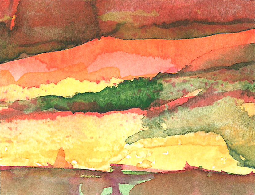 Painting 1: An abstract watercolour painting with bright yellows, green and oranges.