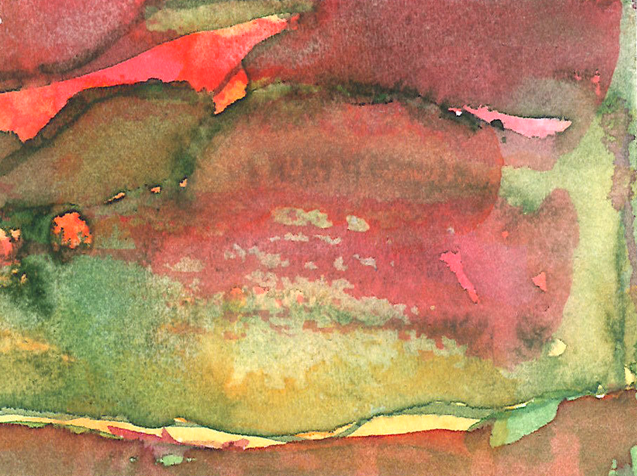 Painting 2: An abstract watercolour painting with many greens and reds vaguely swirling.