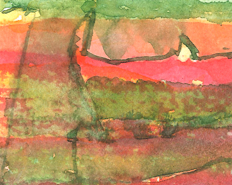 Painting 3: An abstract watercolour painting with layers of green and red, and some dark green lines.