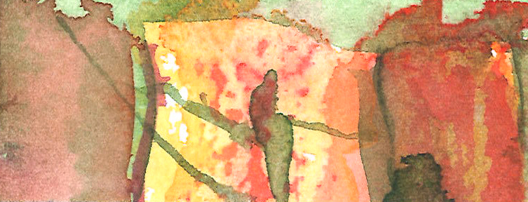 Painting 4: An abstract watercolour painting with blocks of red on the left and right edges and yellow and green in the middle